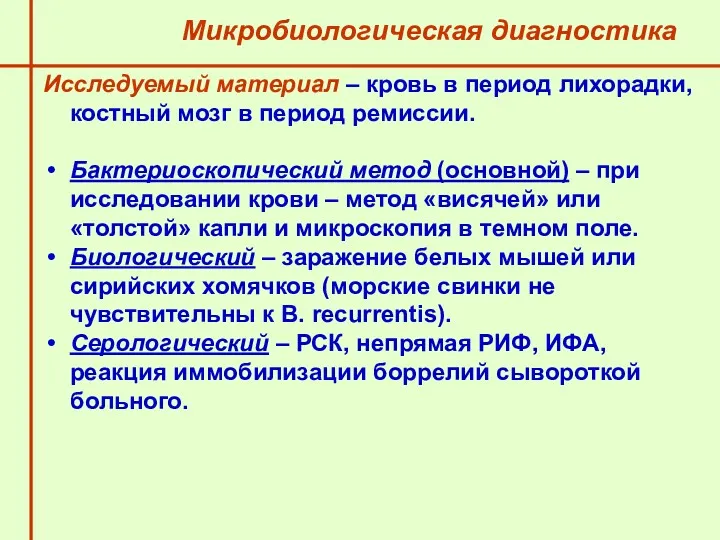 Микробиологическая диагностика Исследуемый материал – кровь в период лихорадки, костный