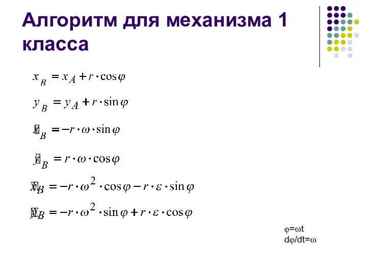 Алгоритм для механизма 1 класса φ=ωt dφ/dt=ω
