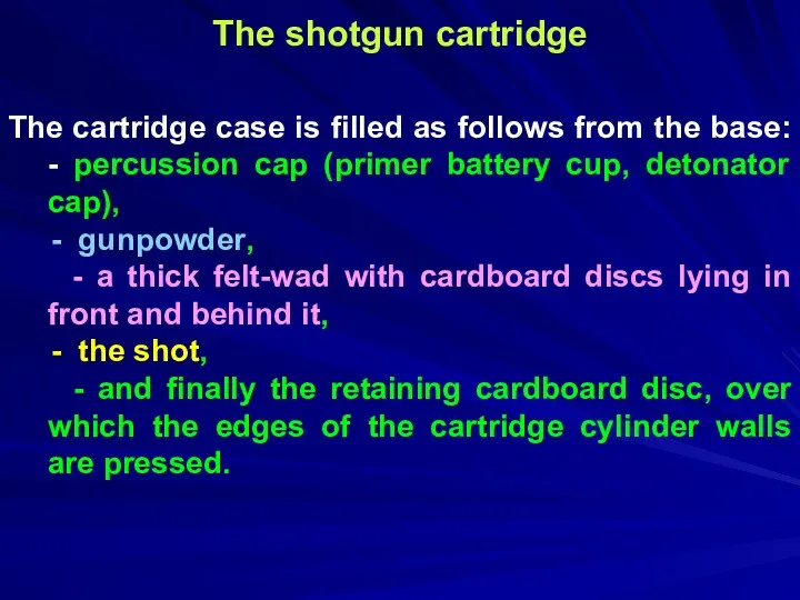 The shotgun cartridge The cartridge case is filled as follows