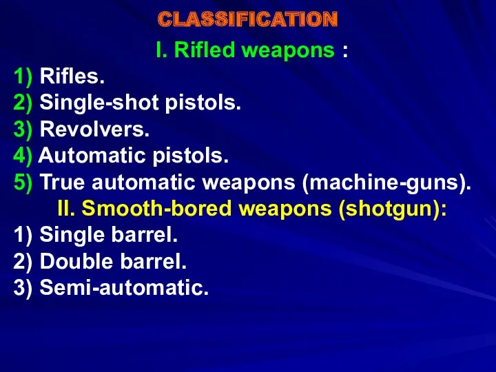 CLASSIFICATION I. Rifled weapons : 1) Rifles. 2) Single-shot pistols.