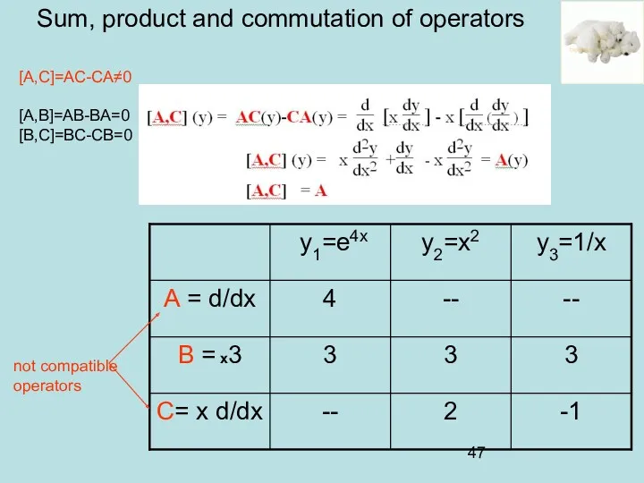 Sum, product and commutation of operators not compatible operators [A,C]=AC-CA≠0 [A,B]=AB-BA=0 [B,C]=BC-CB=0