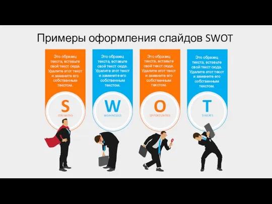 Примеры оформления слайдов SWOT Это образец текста, вставьте свой текст