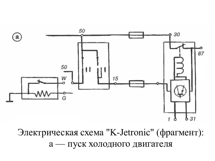 Электрическая схема "K-Jetronic" (фрагмент): а — пуск холодного двигателя
