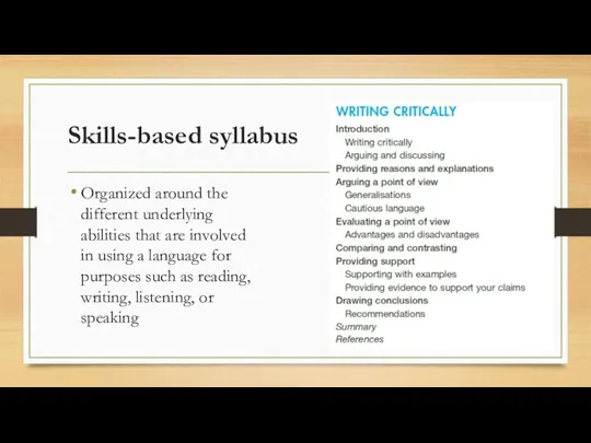 Skills-based syllabus Organized around the different underlying abilities that are involved in using