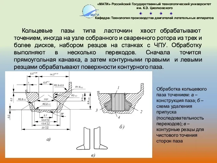 Кольцевые пазы типа ласточкин хвост обрабатывают точением, иногда на узле