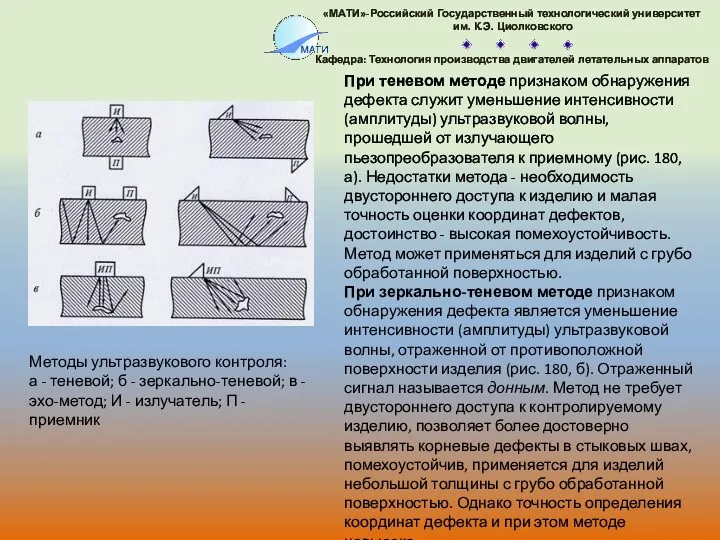 При теневом методе признаком обнаружения дефекта служит уменьшение интенсивности (амплитуды)