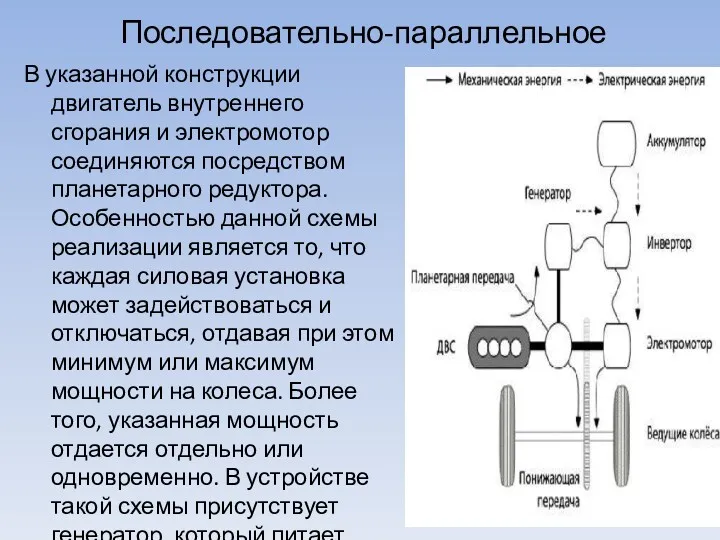 Последовательно-параллельное В указанной конструкции двигатель внутреннего сгорания и электромотор соединяются