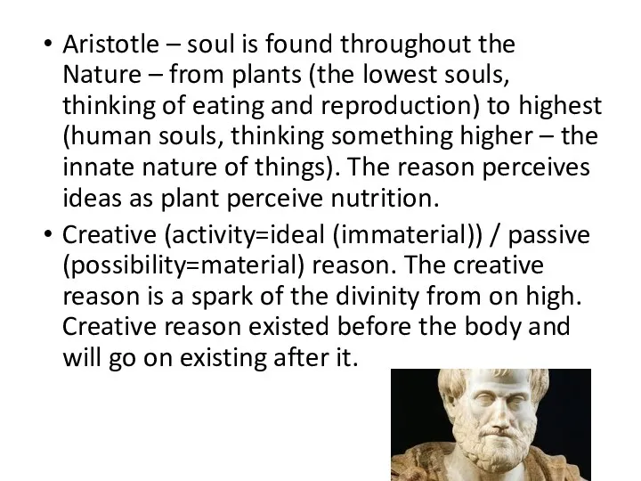 Aristotle – soul is found throughout the Nature – from