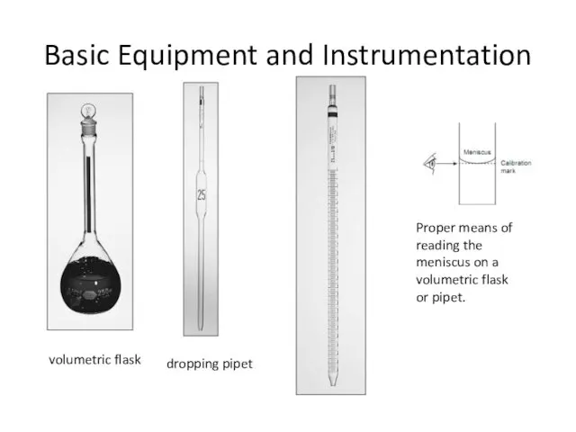 Basic Equipment and Instrumentation volumetric flask dropping pipet Proper means