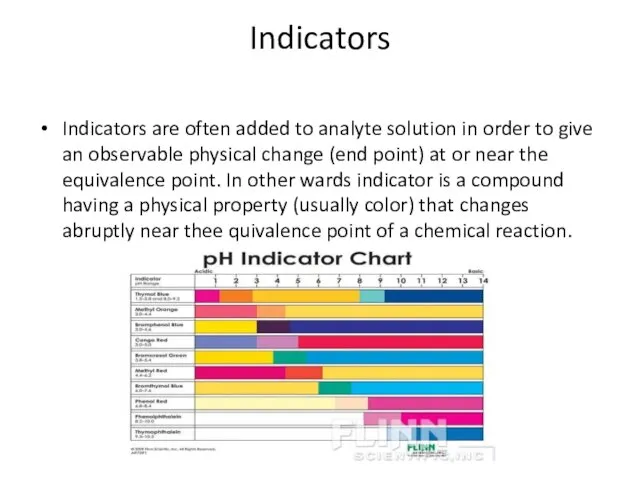 Indicators Indicators are often added to analyte solution in order