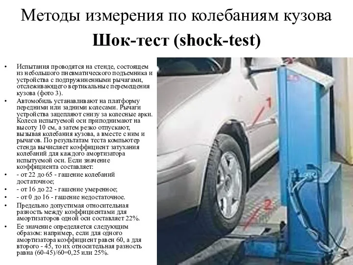 Методы измерения по колебаниям кузова Шок-тест (shock-test) Испытания проводятся на