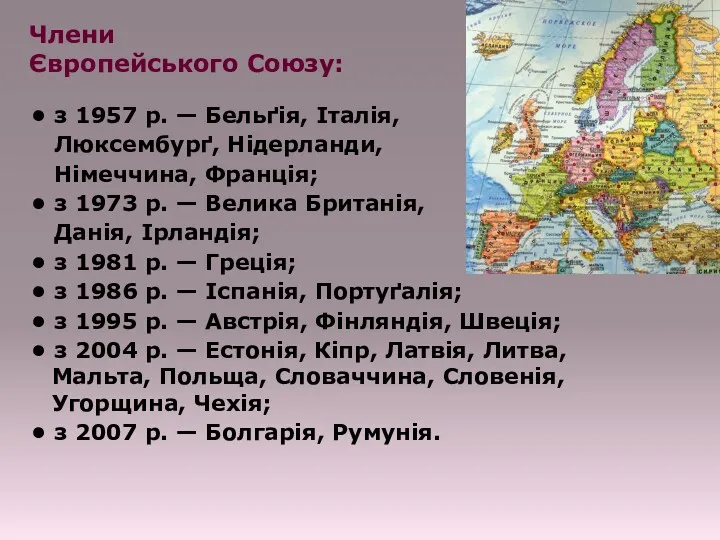 Члени Європейського Союзу: • з 1957 р. — Бельґія, Італія,