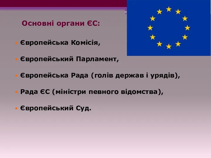 Основні органи ЄС: Європейська Комісія, Європейський Парламент, Європейська Рада (голів