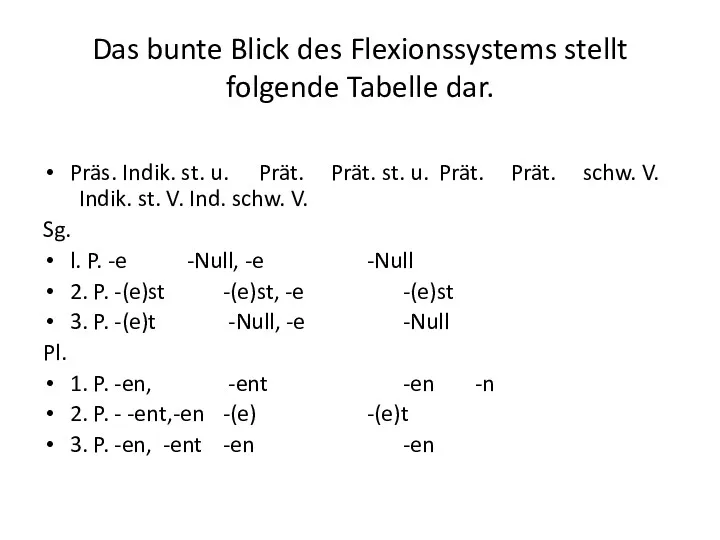 Das bunte Blick des Flexionssystems stellt folgende Tabelle dar. Präs.