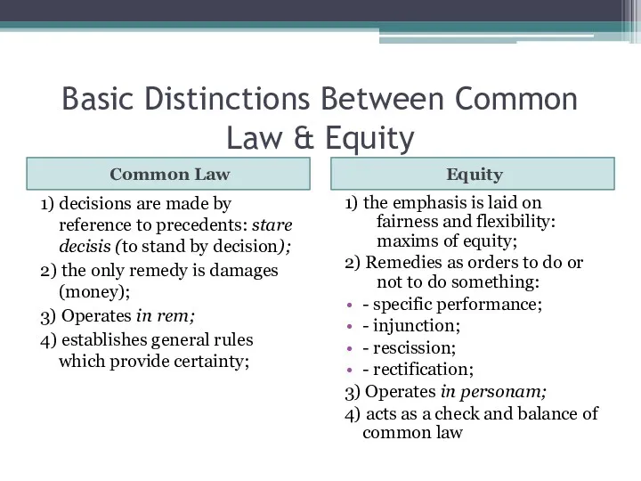 Basic Distinctions Between Common Law & Equity Common Law Equity