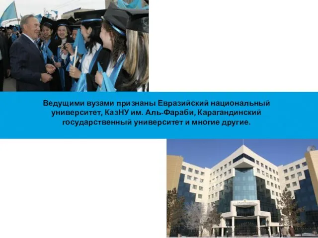 Ведущими вузами признаны Евразийский национальный университет, КазНУ им. Аль-Фараби, Карагандинский государственный университет и многие другие.