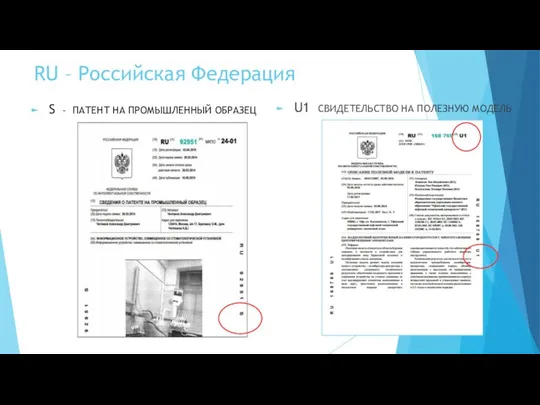 RU – Российская Федерация S - ПАТЕНТ НА ПРОМЫШЛЕННЫЙ ОБРАЗЕЦ U1 СВИДЕТЕЛЬСТВО НА ПОЛЕЗНУЮ МОДЕЛЬ