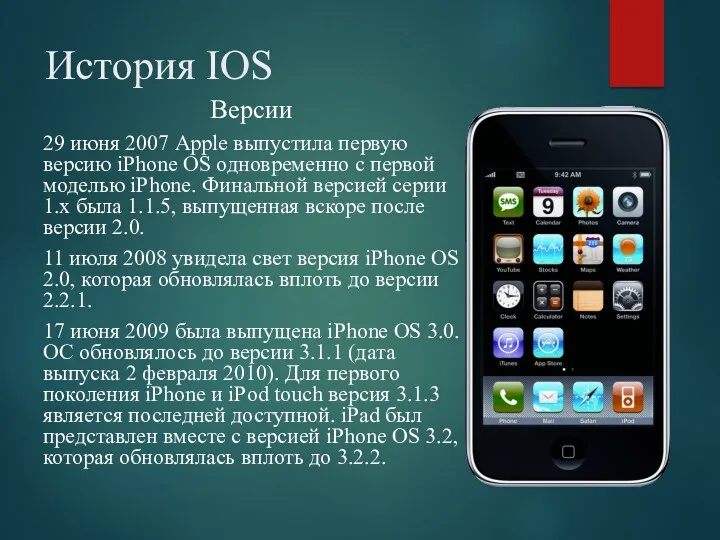 История IOS Версии 29 июня 2007 Apple выпустила первую версию