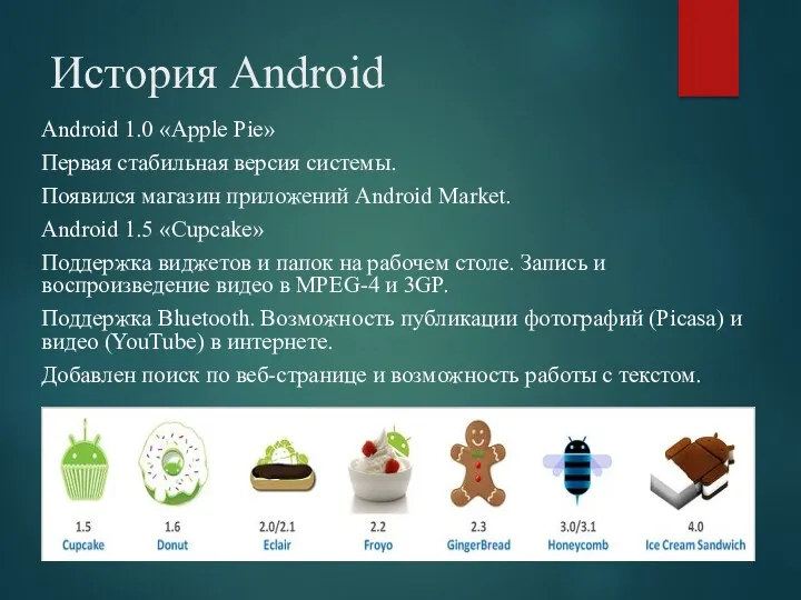 История Android Android 1.0 «Apple Pie» Первая стабильная версия системы. Появился магазин приложений