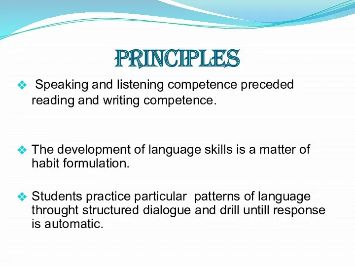 Principles Speaking and listening competence preceded reading and writing competence.