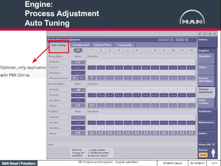 Engine: Process Adjustment Auto Tuning Optional, only applicable with PMI Online