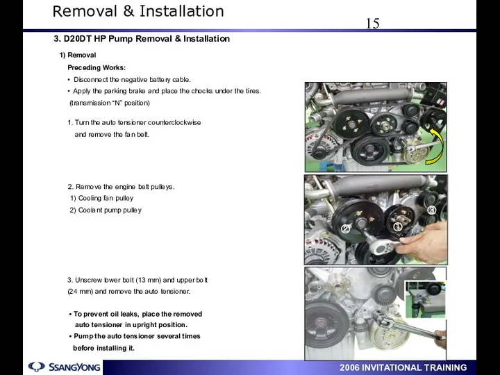 1. Turn the auto tensioner counterclockwise and remove the fan