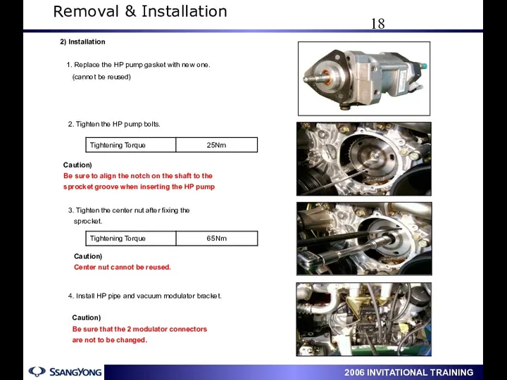 2. Tighten the HP pump bolts. 3. Tighten the center