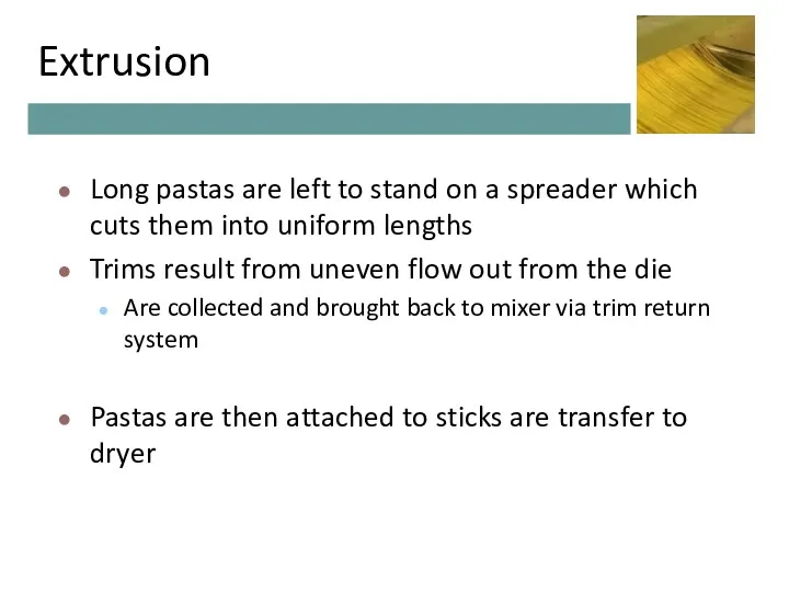 Extrusion Long pastas are left to stand on a spreader