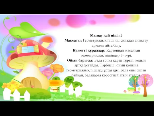 Мынау қай пішін? Мақсаты: Геометриялық пішінді сипалап анықтау арқылы айта