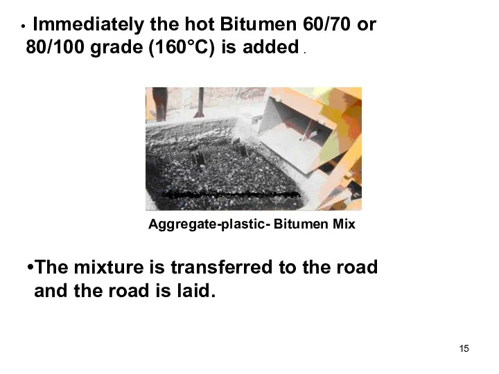 Aggregate-plastic- Bitumen Mix The mixture is transferred to the road