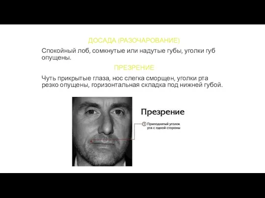 ДОСАДА (РАЗОЧАРОВАНИЕ) Спокойный лоб, сомкнутые или надутые губы, уголки губ