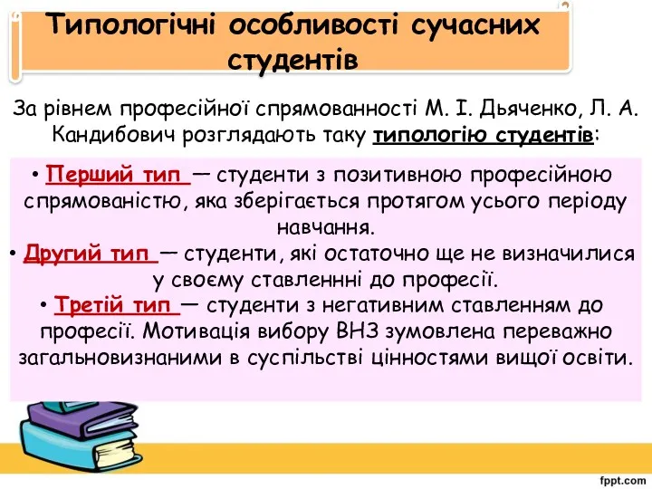 Типологічні особливості сучасних студентів За рівнем професійної спрямованності М. І.