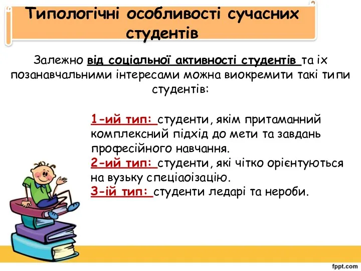 Типологічні особливості сучасних студентів Залежно від соціальної активності студентів та