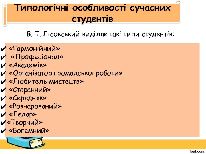 Типологічні особливості сучасних студентів В. Т. Лісовський виділяє такі типи