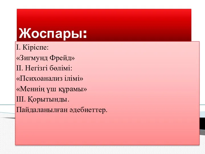 Жоспары: І. Кіріспе: «Зигмунд Фрейд» ІІ. Негізгі бөлімі: «Психоанализ ілімі»