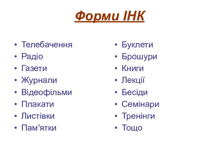 Форми ІНК Телебачення Радіо Газети Журнали Відеофільми Плакати Листівки Пам′ятки