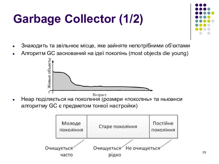 Garbage Collector (1/2) Знаходить та звільнює місце, яке зайняте непотрібними