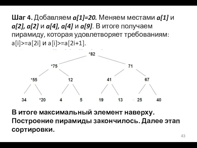 Шаг 4. Добавляем a[1]=20. Меняем местами a[1] и a[2], a[2]