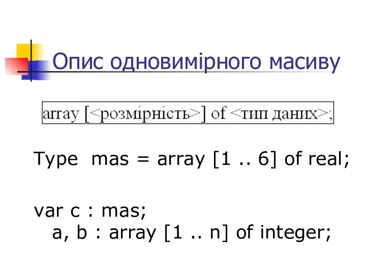 Опис одновимірного масиву var с : mas; a, b :