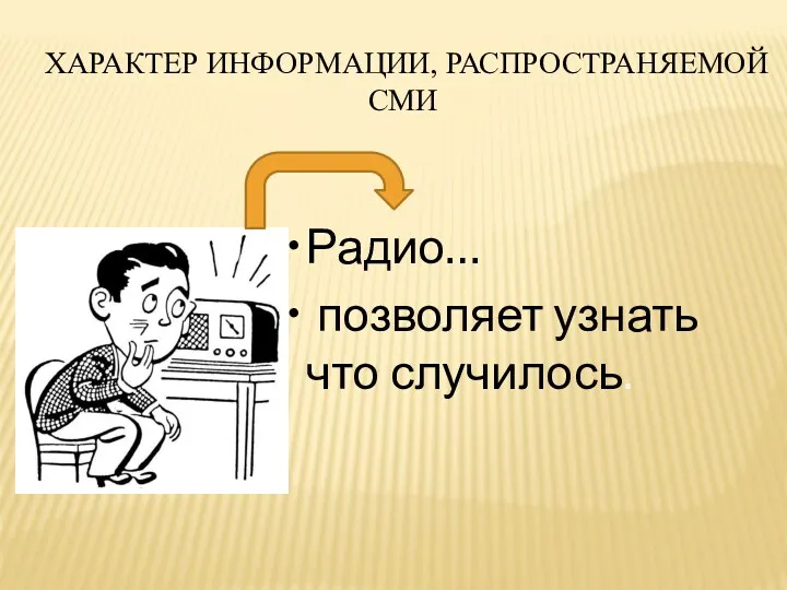 ХАРАКТЕР ИНФОРМАЦИИ, РАСПРОСТРАНЯЕМОЙ СМИ Радио… позволяет узнать что случилось.