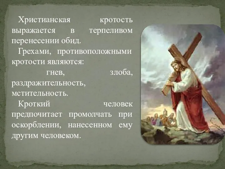 Христианская кротость выражается в терпеливом перенесении обид. Грехами, противоположными кротости