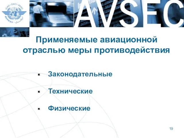 Применяемые авиационной отраслью меры противодействия Законодательные Технические Физические