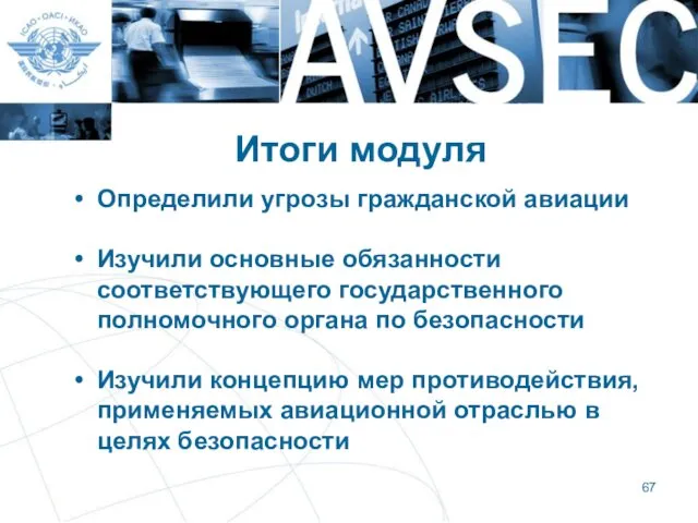 Итоги модуля Определили угрозы гражданской авиации Изучили основные обязанности соответствующего