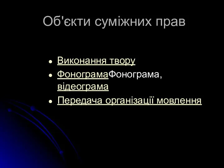 Об'єкти суміжних прав Виконання твору ФонограмаФонограма, відеограма Передача організації мовлення