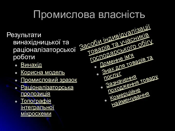 Промислова власність Результати винахідницької та раціоналізаторської роботи Винахід Корисна модель