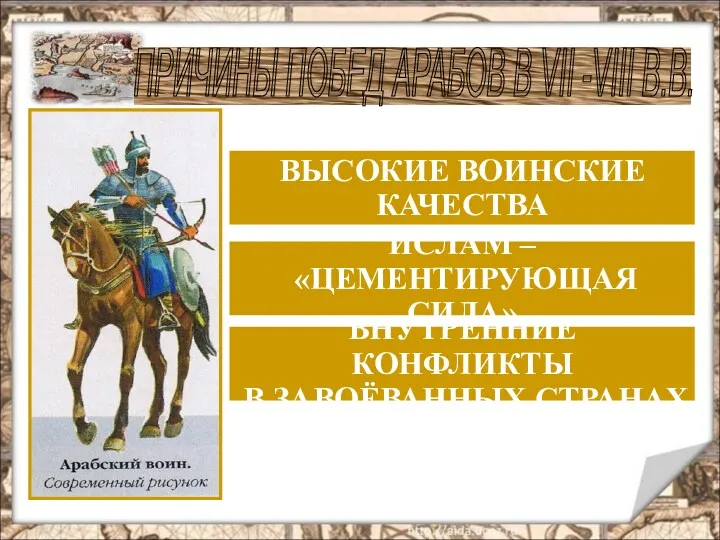 ПРИЧИНЫ ПОБЕД АРАБОВ В VII -VIII В.В. ВЫСОКИЕ ВОИНСКИЕ КАЧЕСТВА