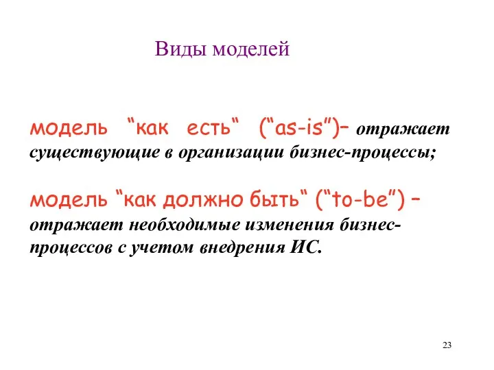 Виды моделей модель “как есть“ (“as-is”)– отражает существующие в организации