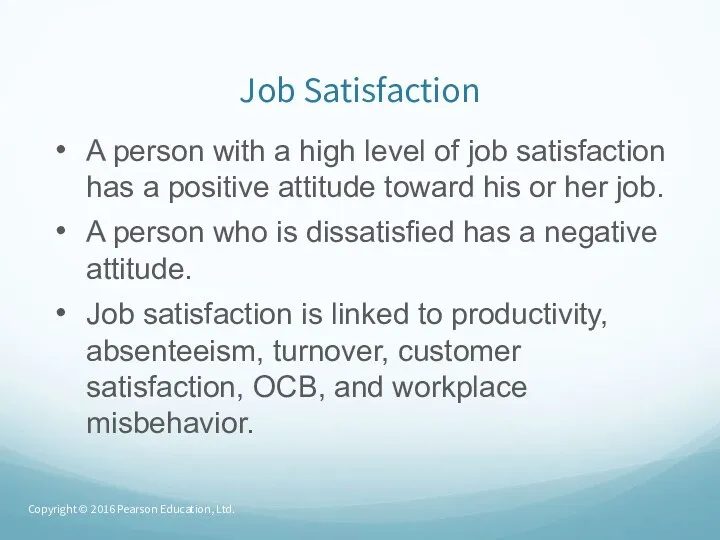 Job Satisfaction A person with a high level of job