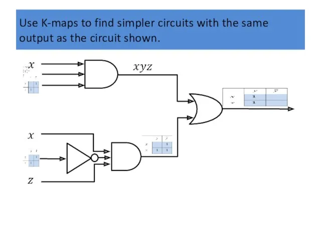 Use K-maps to find simpler circuits with the same output as the circuit shown.