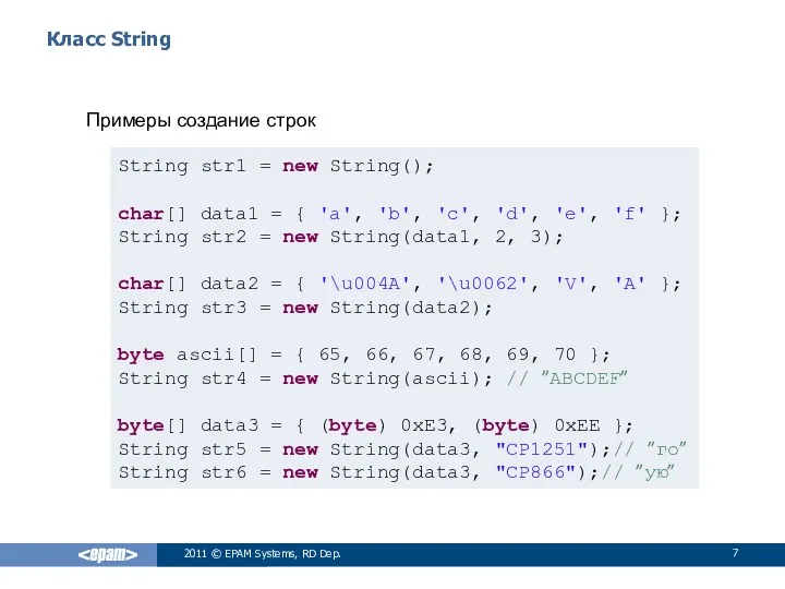 Класс String Примеры создание строк 2011 © EPAM Systems, RD